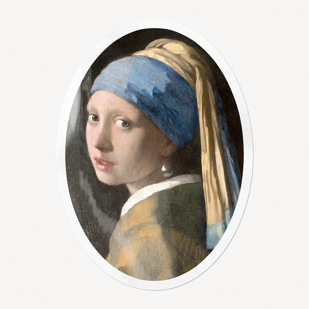 Girl with a Pearl Earring by Johannes Vermeer, painting clipart in oval shape outline, remixed by rawpixel.