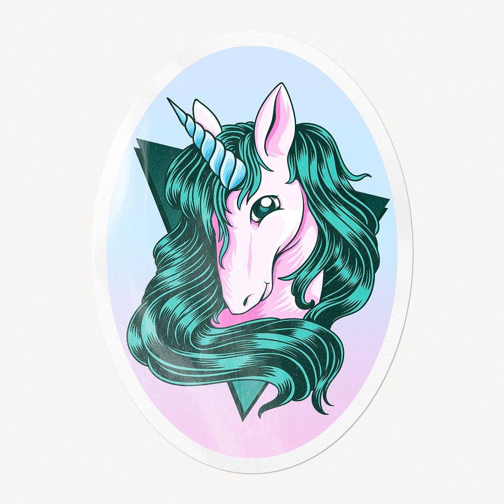 Cute unicorn, business tech start up sticker, oval clipart with white border