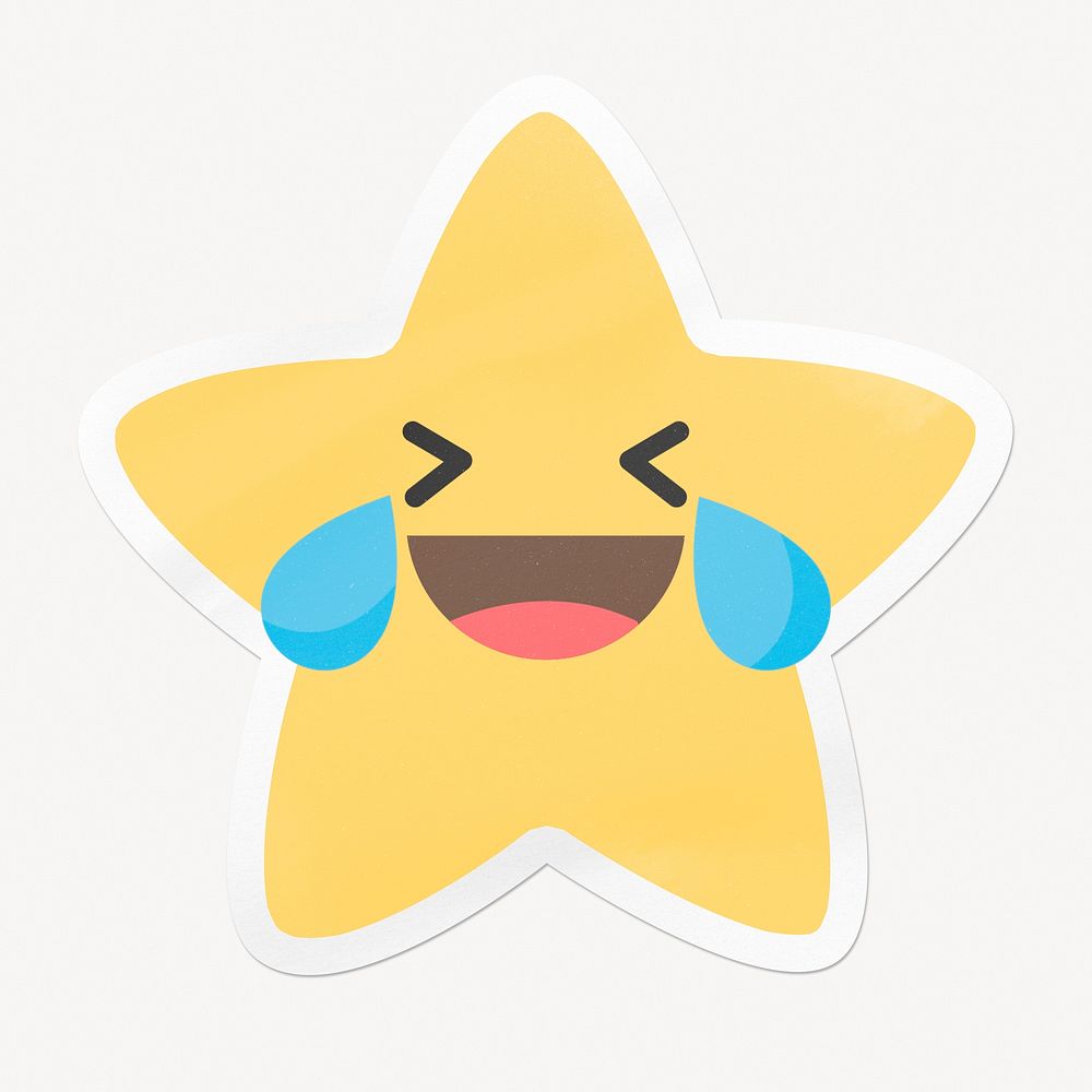 Laughing star emoji, funny clipart with white border