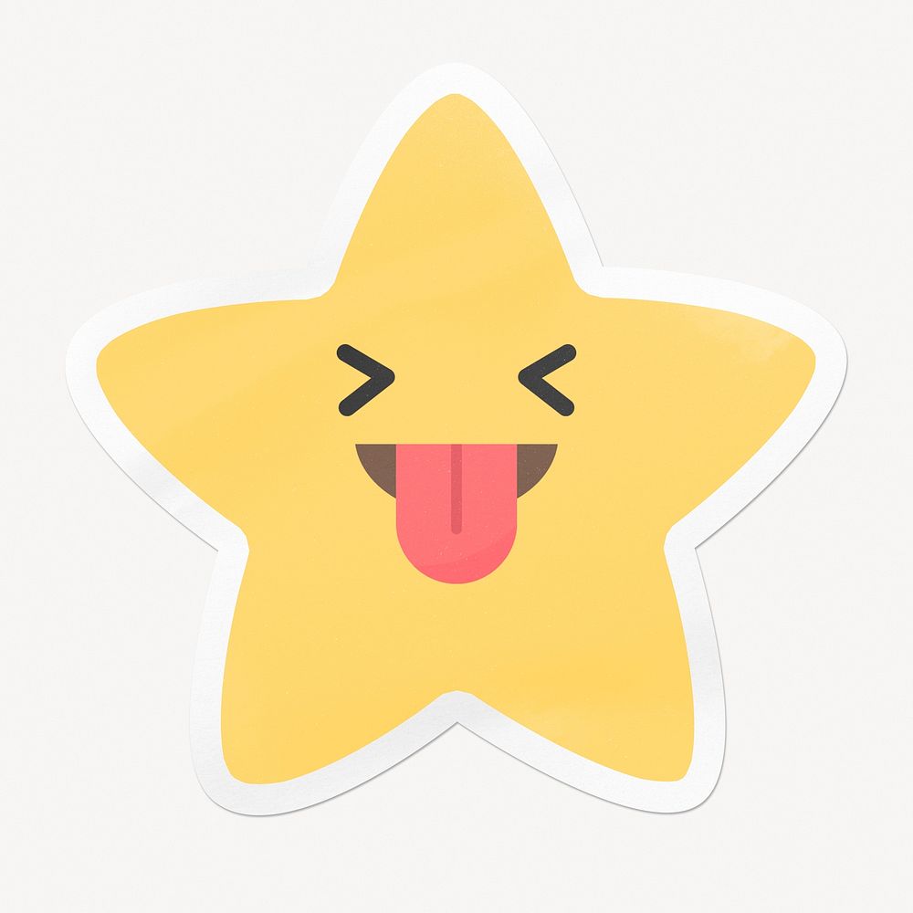 Happy star emoji, squinting face with tongue out clipart with white border