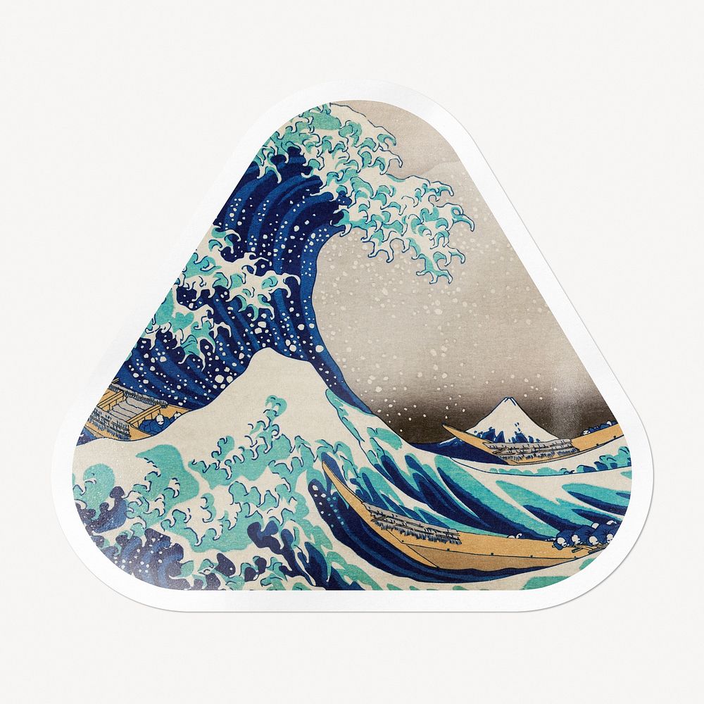 Hokusai's The Great Wave off Kanagawa, triangle white border label, remixed by rawpixel.