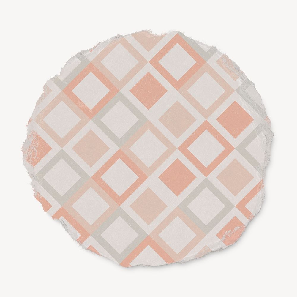 Pink square patterned badge, geometric design on ripped paper
