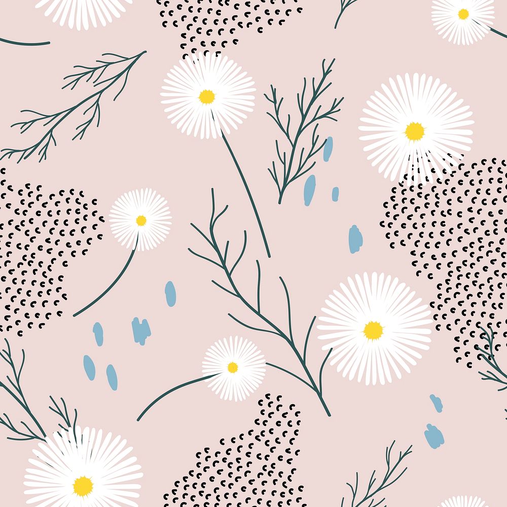 Daisy pattern background, pink aesthetic flower doodle vector