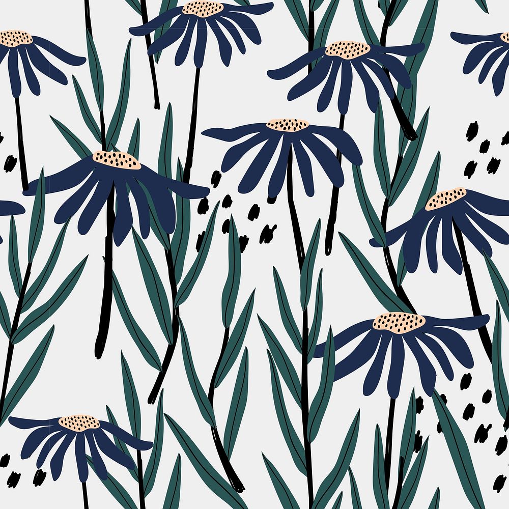 Blue daisy pattern background, aesthetic flower doodle psd