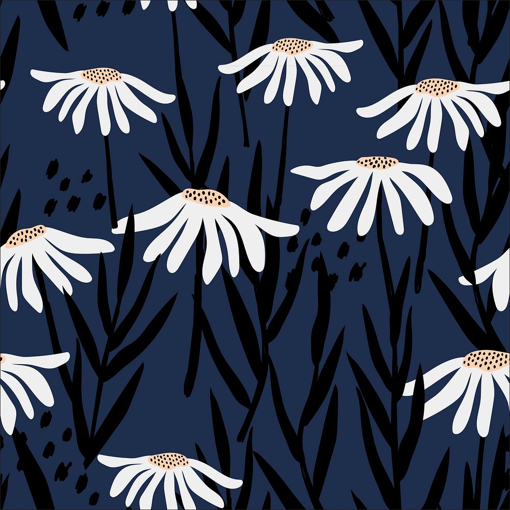 Daisy pattern background, blue aesthetic flower doodle psd