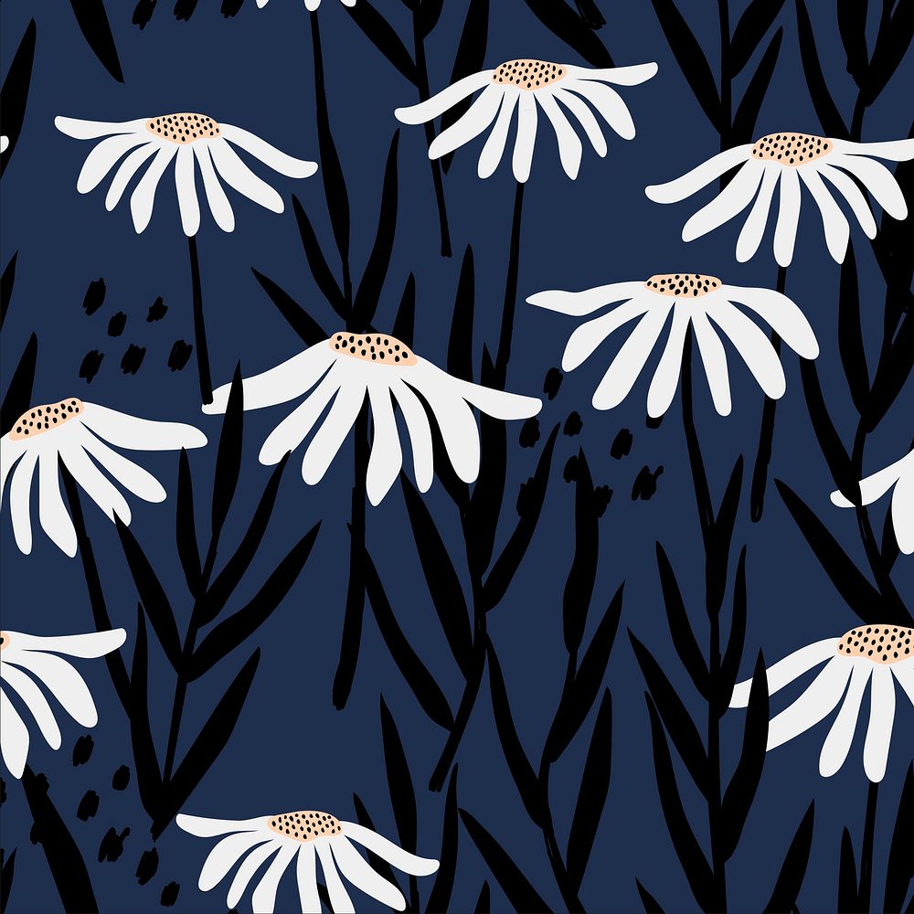 Daisy pattern background, blue aesthetic flower doodle vector