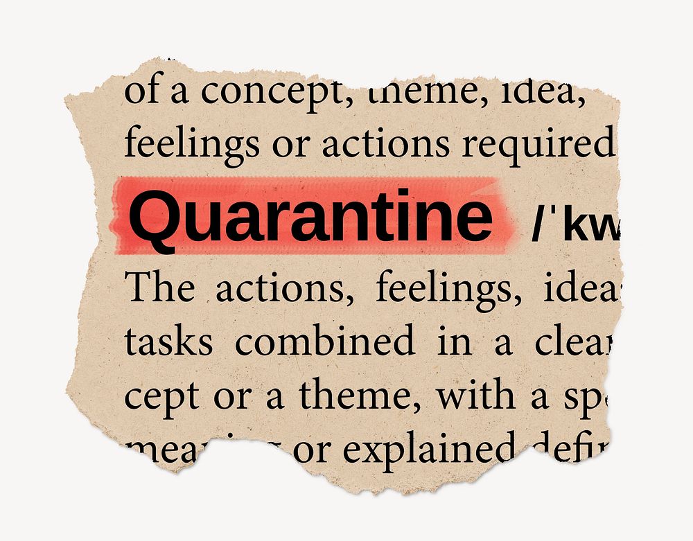 Quarantine dictionary word, vintage ripped paper design