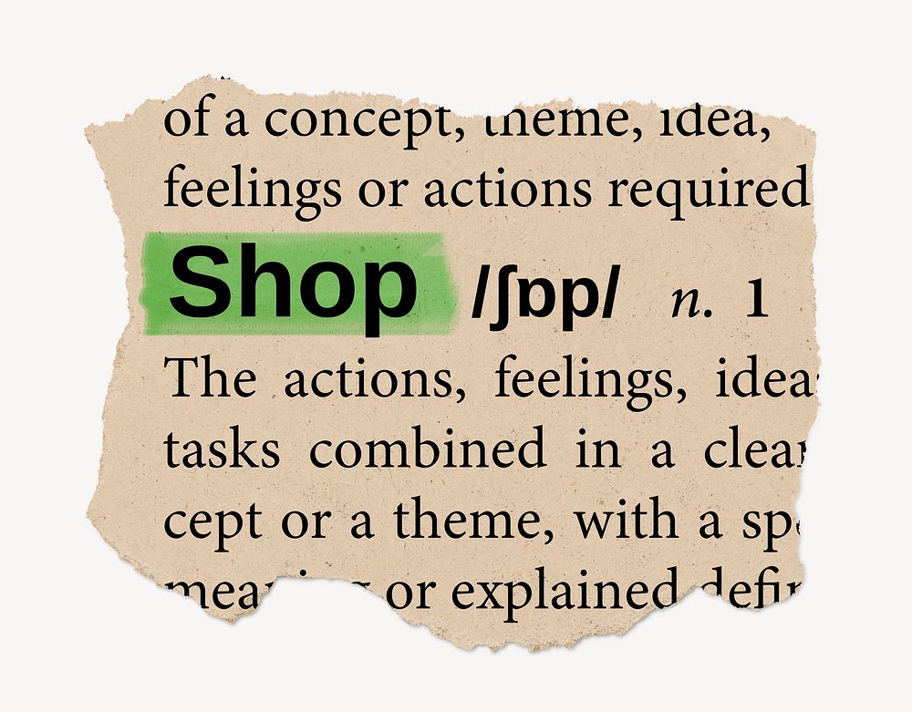 Shop ripped dictionary, editable word collage element psd