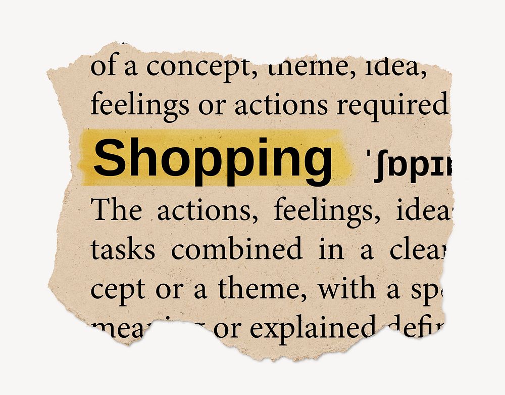 Shopping dictionary word, vintage ripped paper design