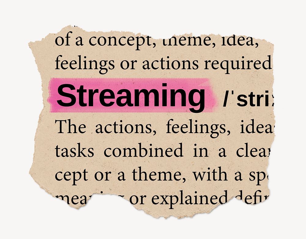 Streaming dictionary word, vintage ripped paper design