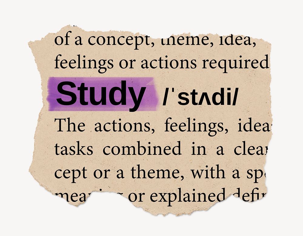 Study dictionary word, vintage ripped paper design