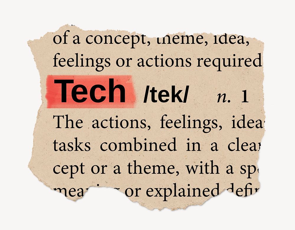 Tech dictionary word, vintage ripped paper design
