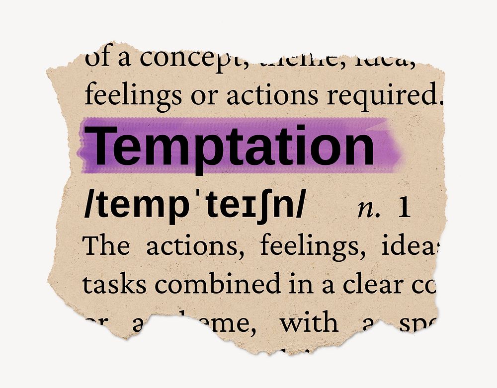 Temptation dictionary word, vintage ripped paper design