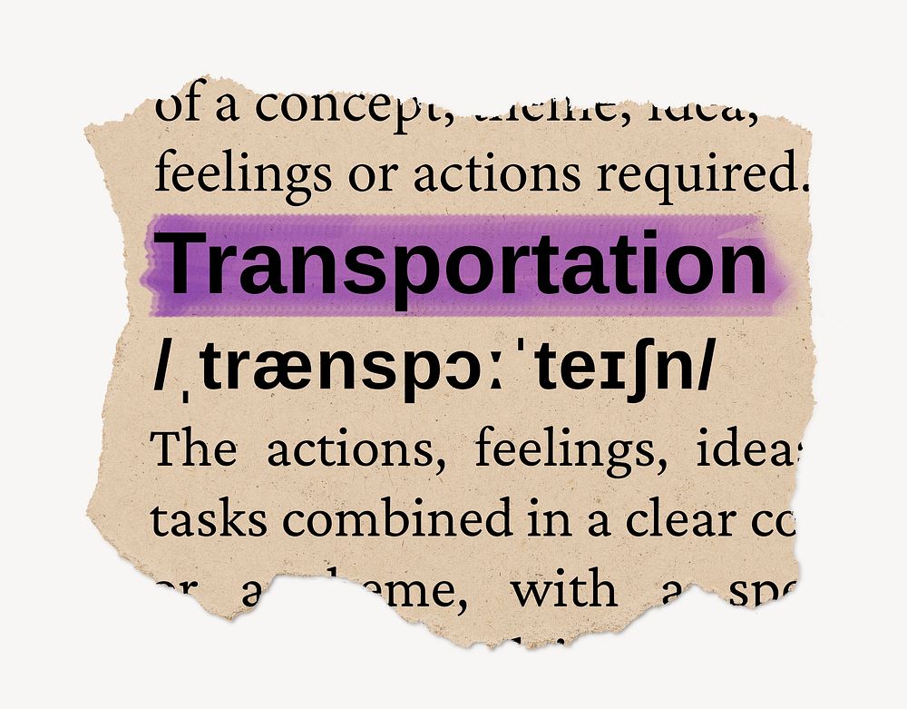 Transportation dictionary word, vintage ripped paper design