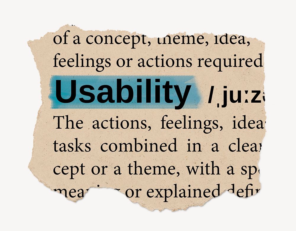 Usability dictionary word, vintage ripped paper design
