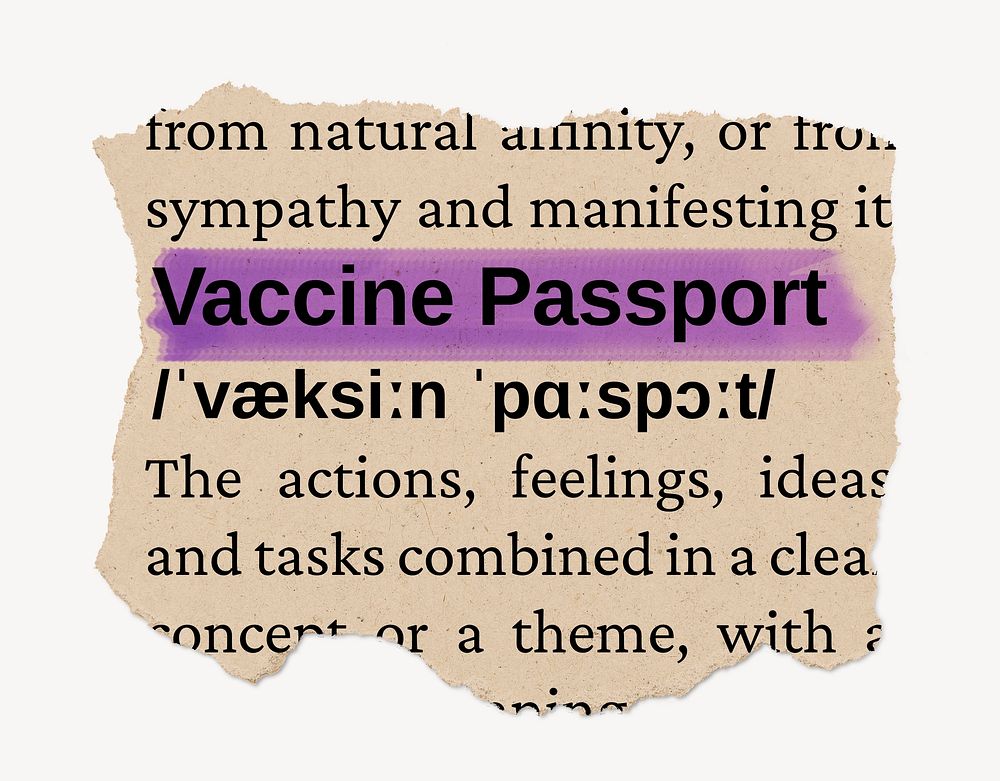 Vaccine passport dictionary word, vintage ripped paper design