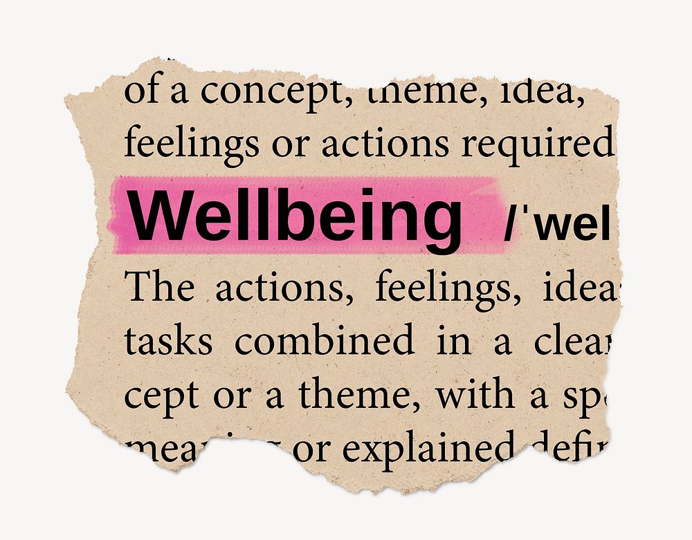 Wellbeing dictionary word, vintage ripped paper design