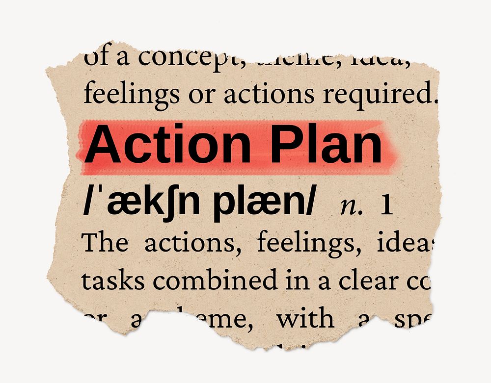 Action plan ripped dictionary, editable word collage element psd