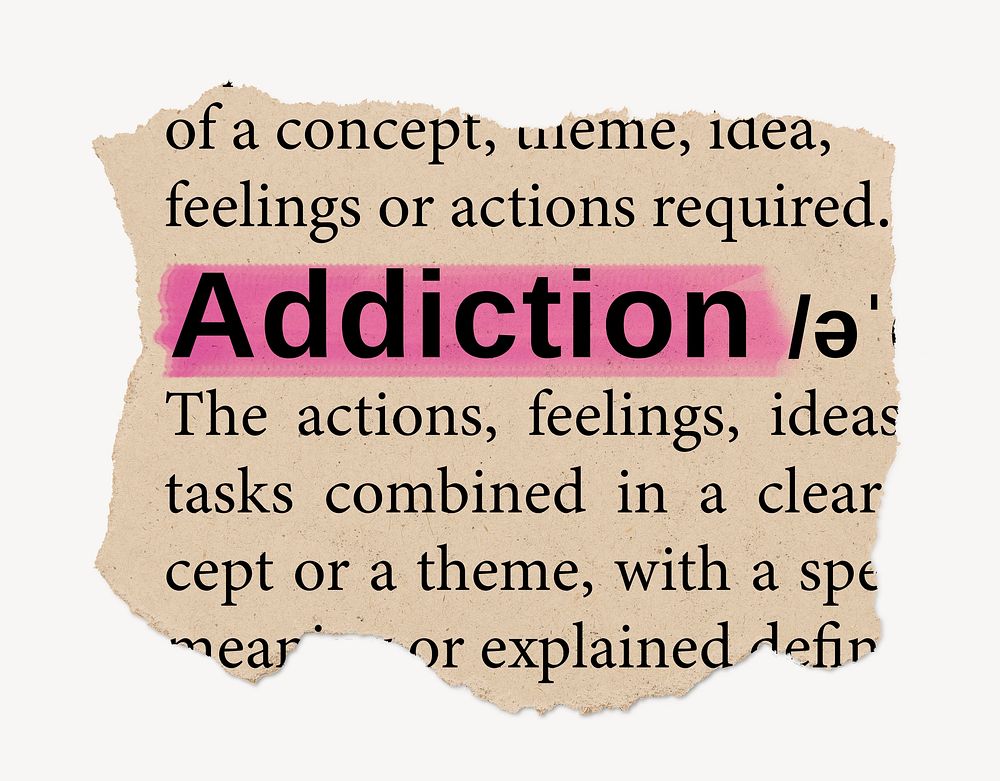 Addiction dictionary word, vintage ripped paper design