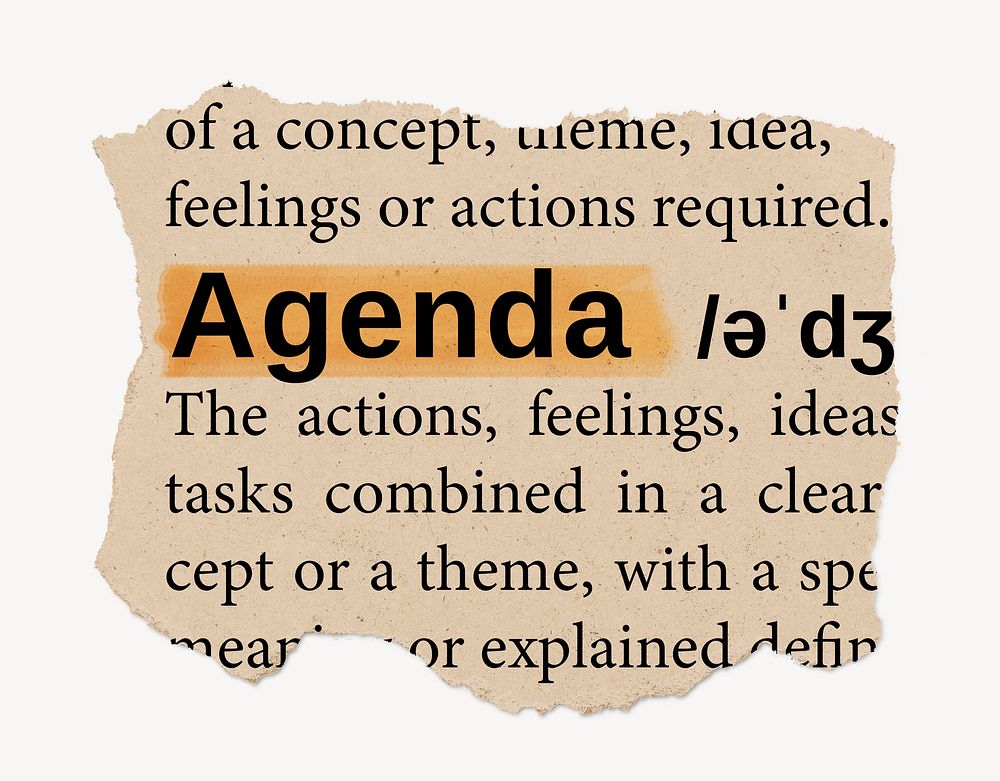 Agenda dictionary word, vintage ripped paper design