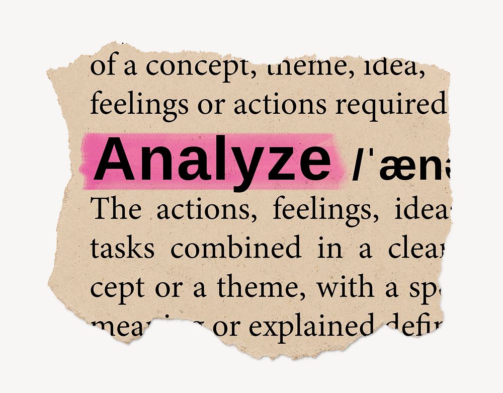 Analyze dictionary word, vintage ripped paper design