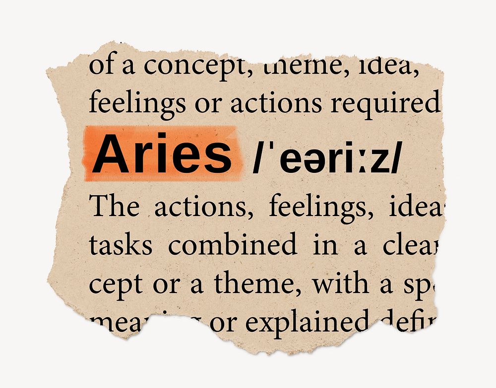 Aries dictionary word, vintage ripped paper design
