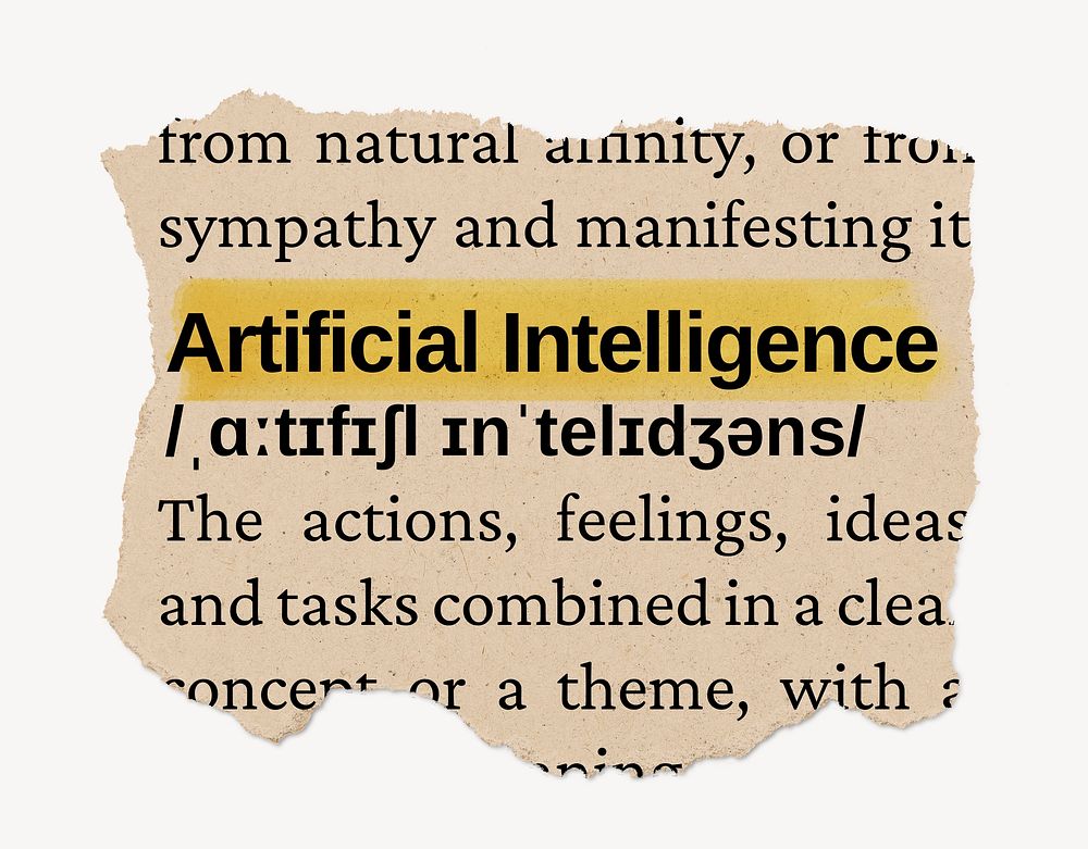 Artificial intelligence dictionary word, vintage ripped paper design