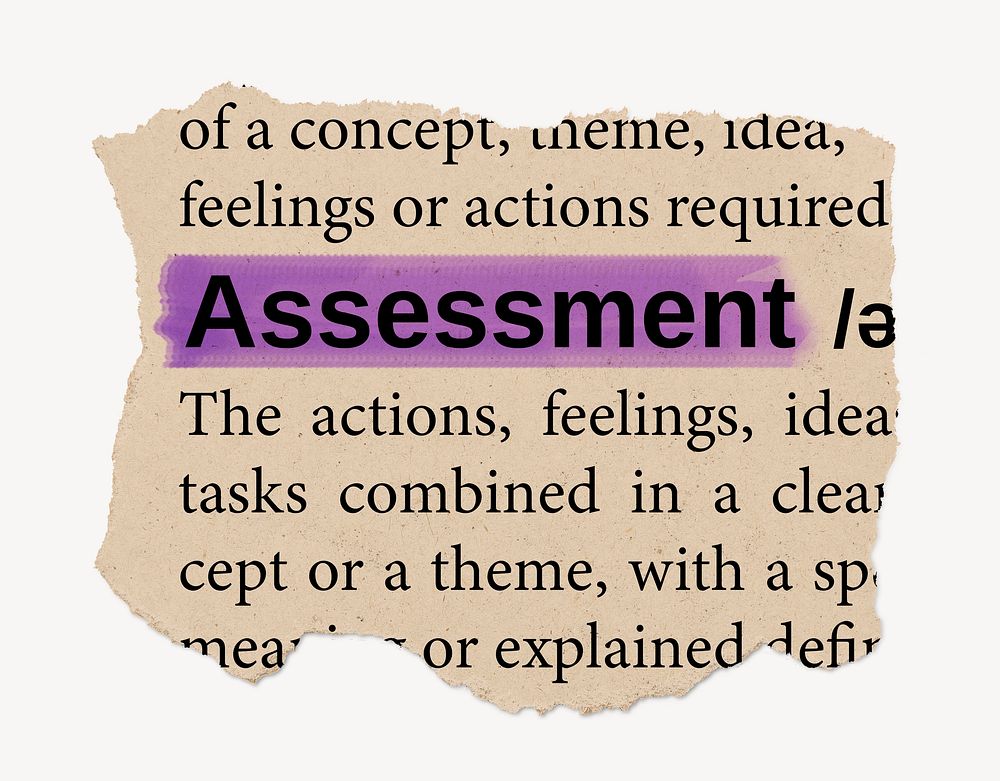 Assessment dictionary word, vintage ripped paper design
