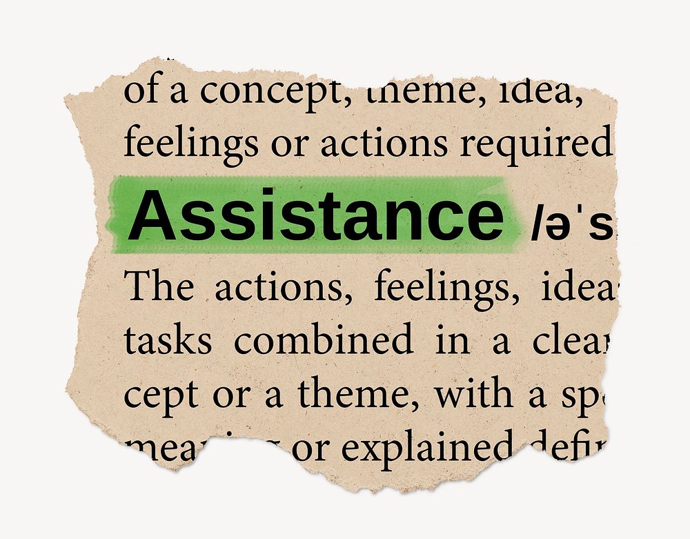 Assistance dictionary word, vintage ripped paper design