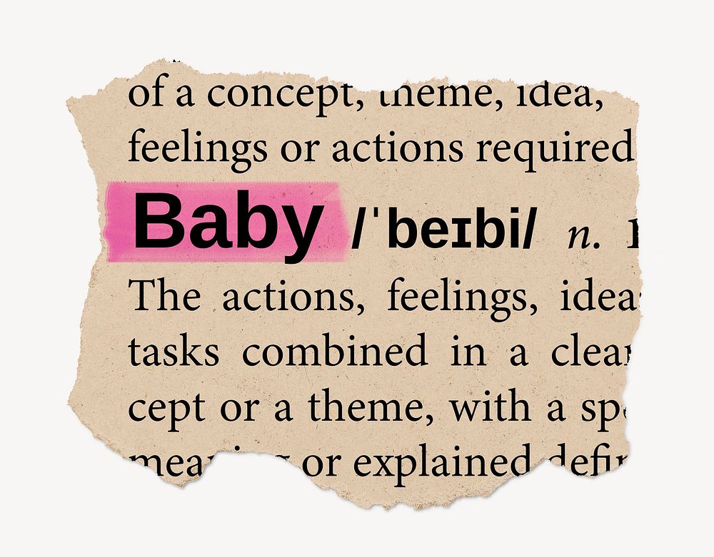 Baby dictionary word, vintage ripped paper design