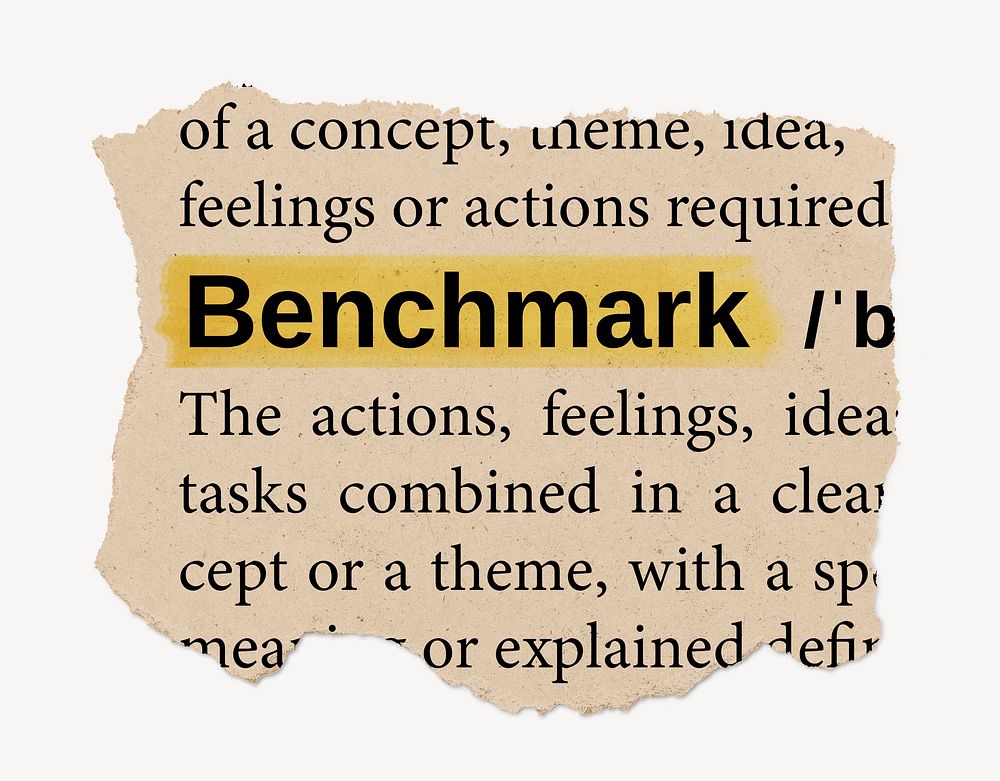 Benchmark dictionary word, vintage ripped paper design