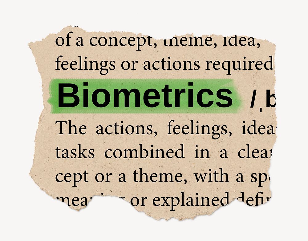 Biometrics ripped dictionary, editable word collage element psd
