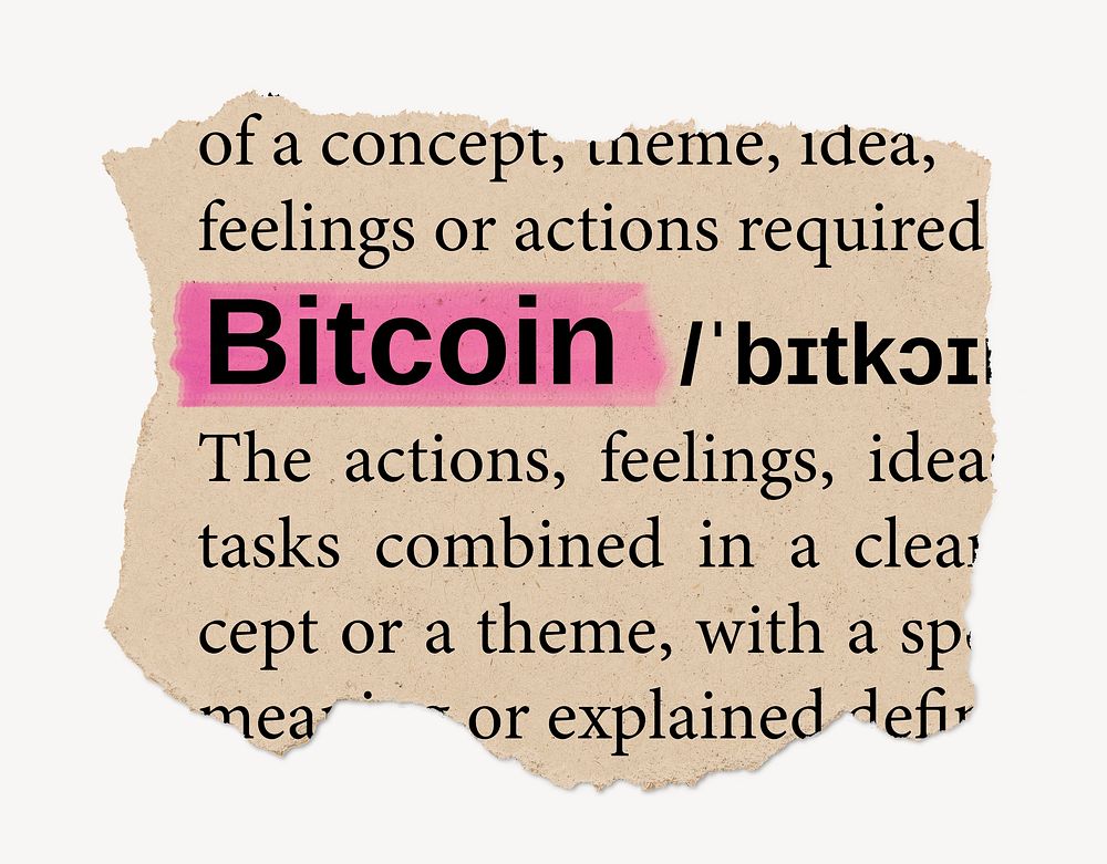Bitcoin dictionary word, vintage ripped paper design