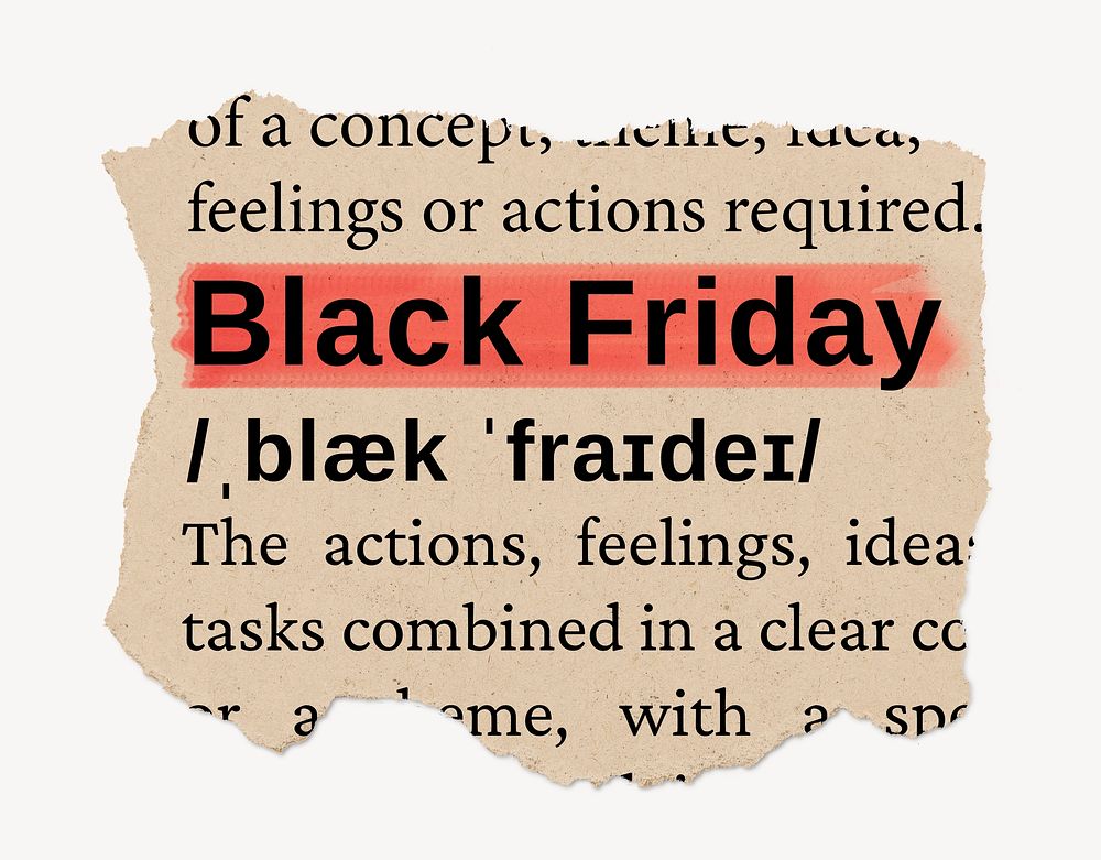 Black Friday ripped dictionary, editable word collage element psd