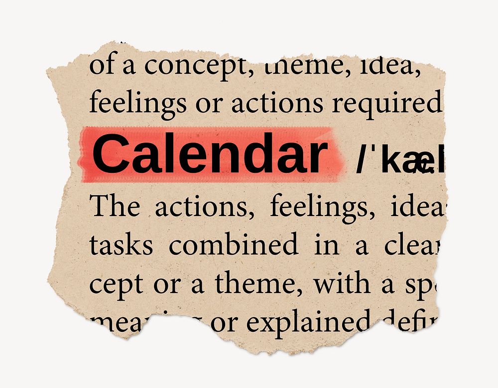 Calendar ripped dictionary, editable word collage element psd