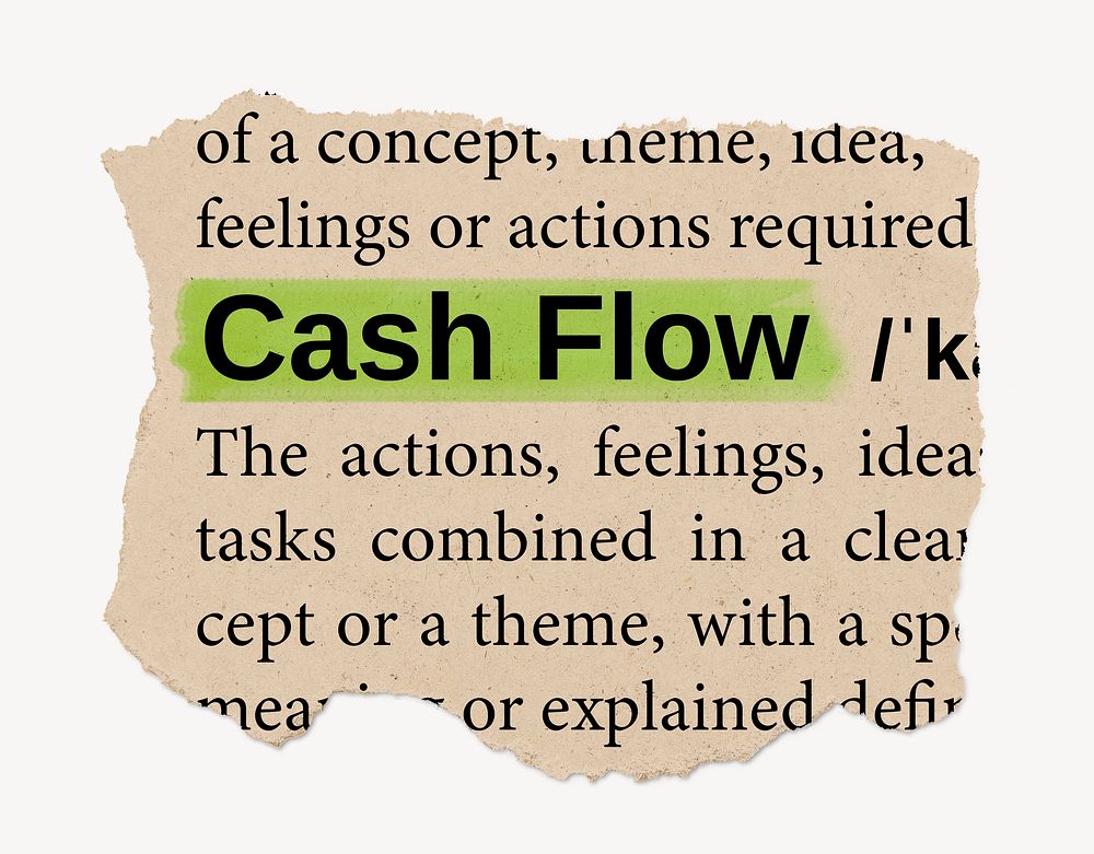 Cash flow dictionary word, vintage ripped paper design