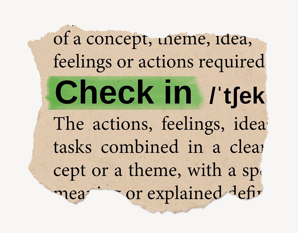 Check in ripped dictionary, editable word collage element psd