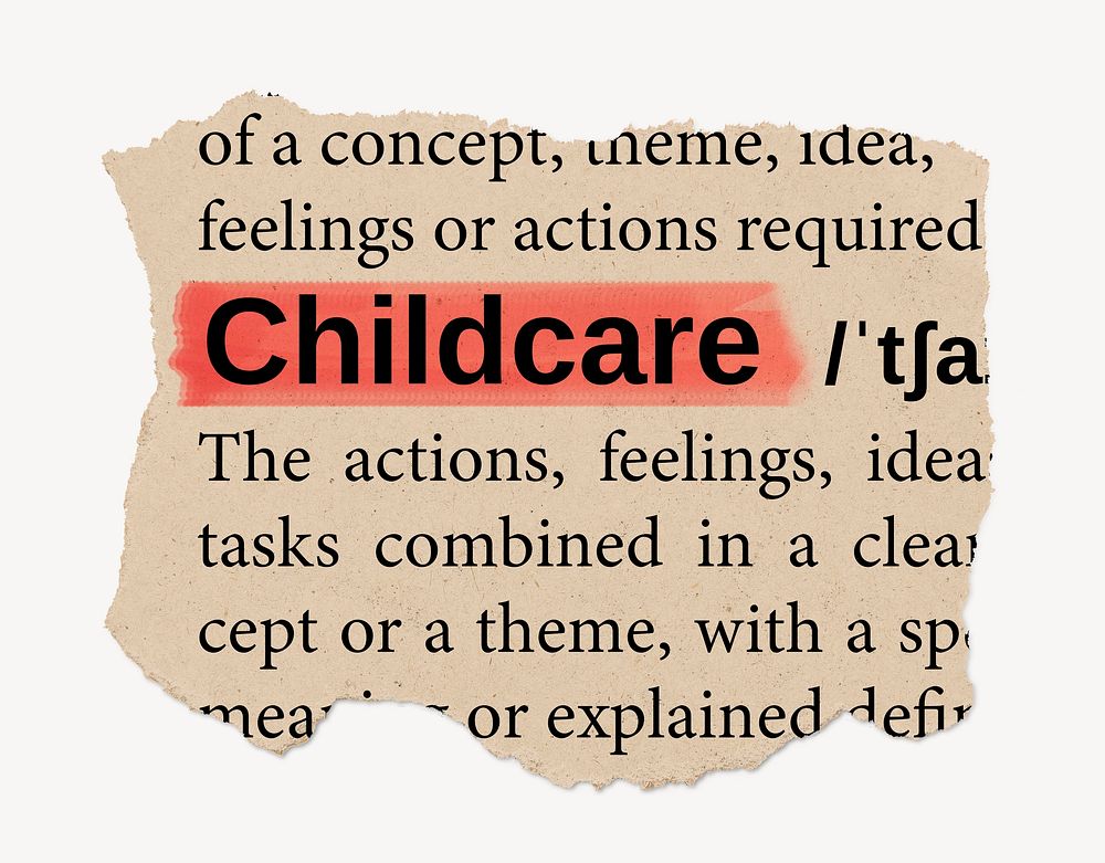 Childcare dictionary word, vintage ripped paper design