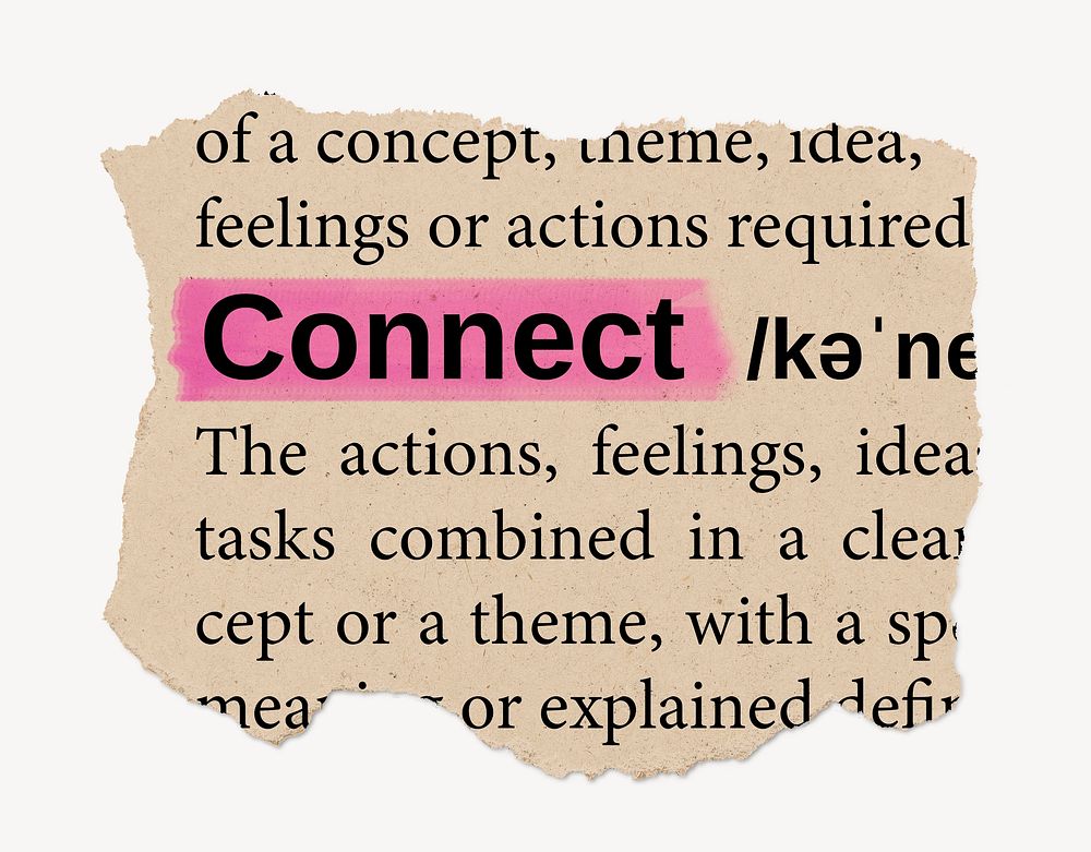 Connect dictionary word, vintage ripped paper design