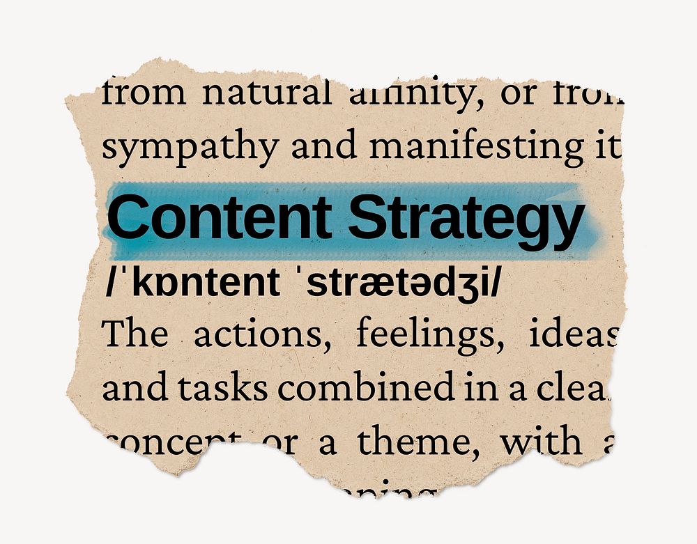 Content strategy ripped dictionary, editable word collage element psd