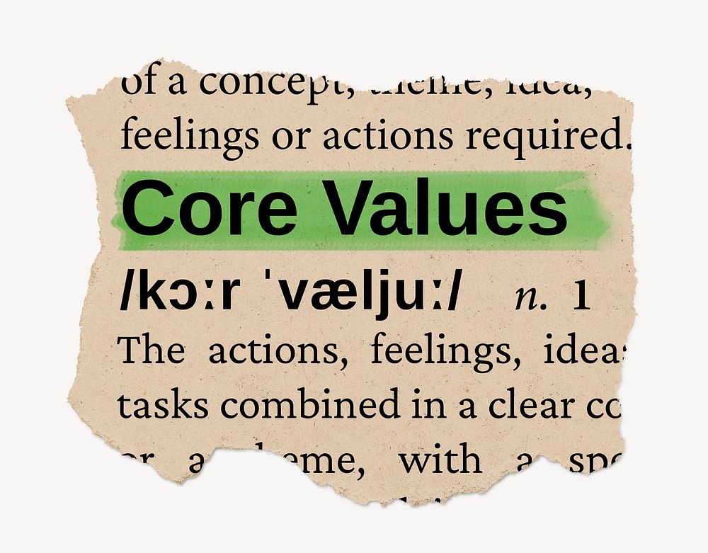 Core values dictionary word, vintage ripped paper design