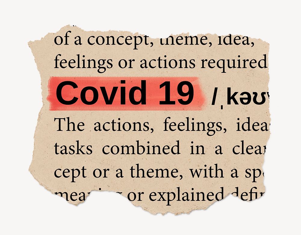Covid 19 dictionary word, vintage ripped paper design