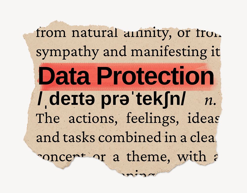 Data protection dictionary word, vintage ripped paper design