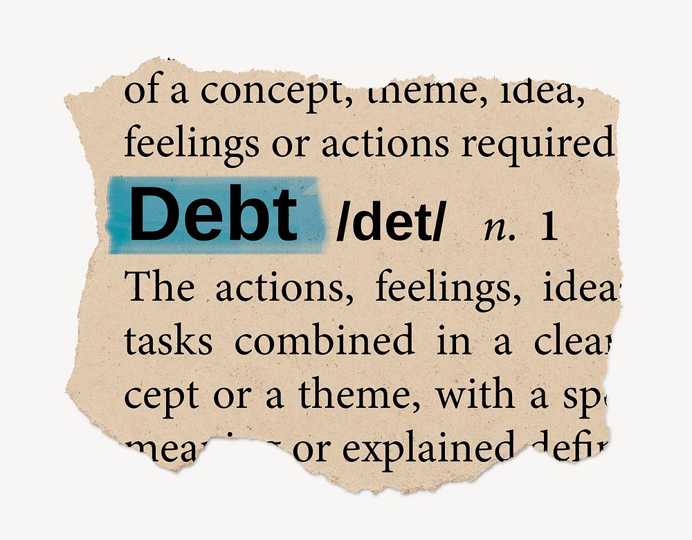 Debt ripped dictionary, editable word collage element psd