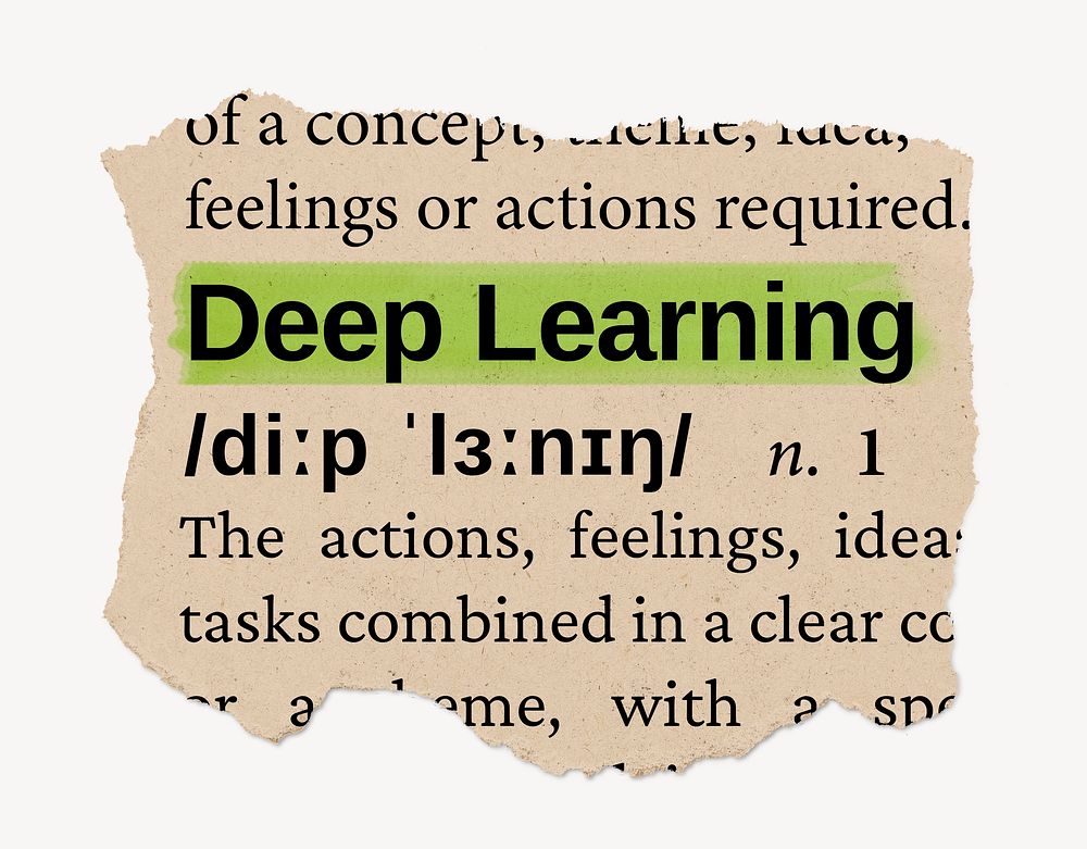 Deep learning dictionary word, vintage ripped paper design