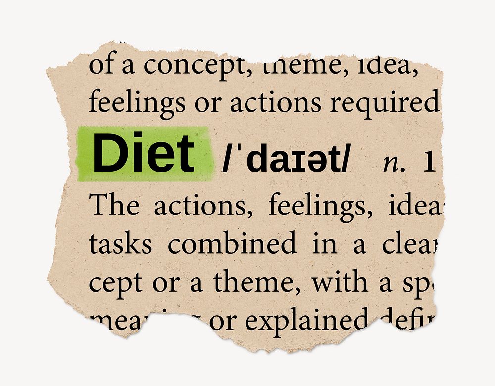 Diet dictionary word, vintage ripped paper design