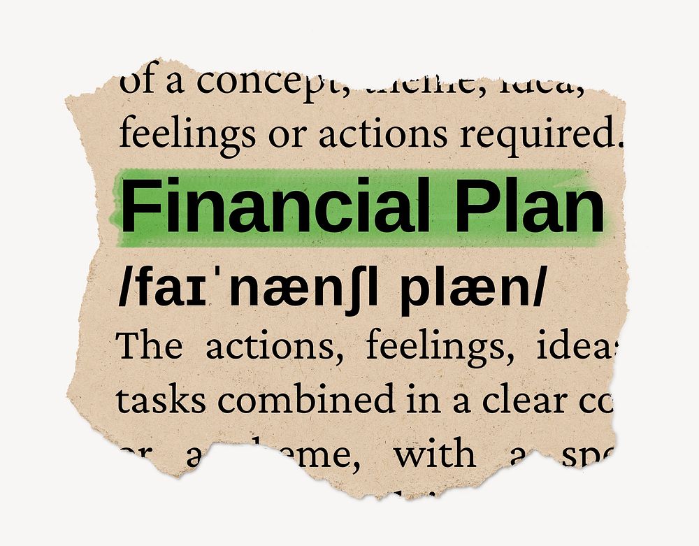 Financial plan ripped dictionary, editable word collage element psd