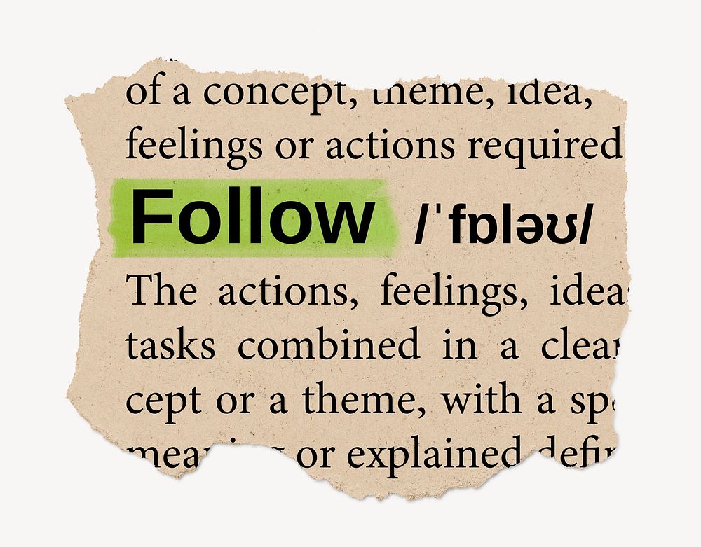 Follow ripped dictionary, editable word collage element psd