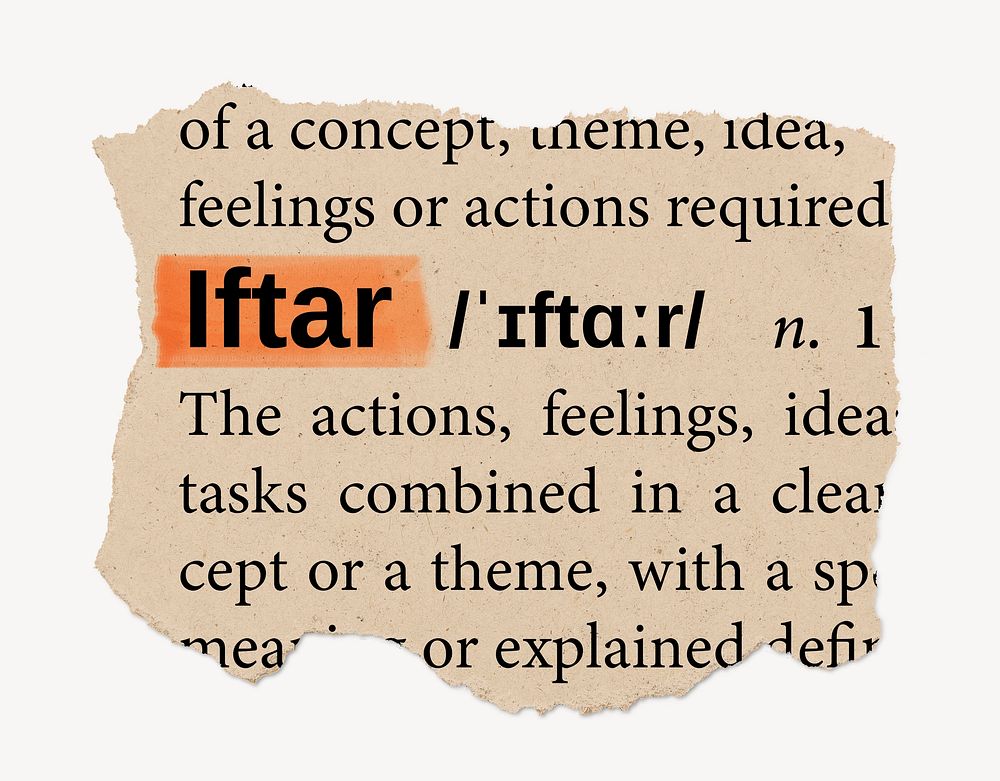 Iftar dictionary word, vintage ripped paper design