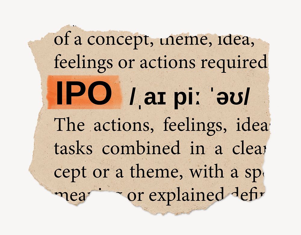 IPO dictionary word, vintage ripped paper design